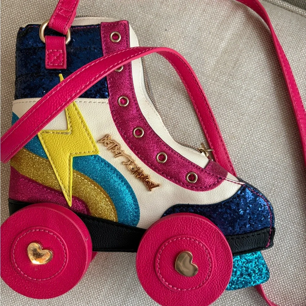 Betsey Johnson Roller Shoe Crossbody Bag - Pink, Blue & Yellow Sparkle - Picture 7 of 7